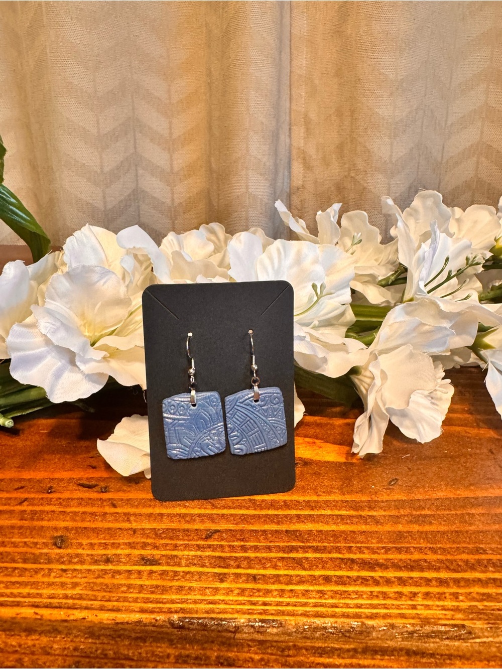 Handmade Textured Square Blue Drop Earrings